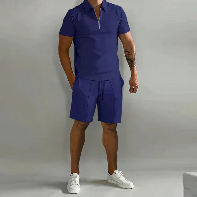 Herresæt Med Klassisk Pasform af Poloshirt og shorts – åndbart stof, Korte ærmer, Lynlåskrave