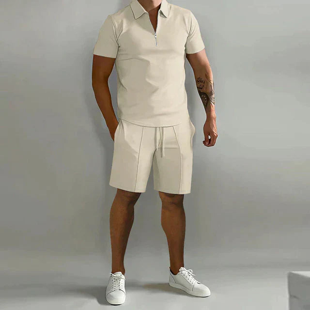 Herresæt Med Klassisk Pasform af Poloshirt og shorts – åndbart stof, Korte ærmer, Lynlåskrave