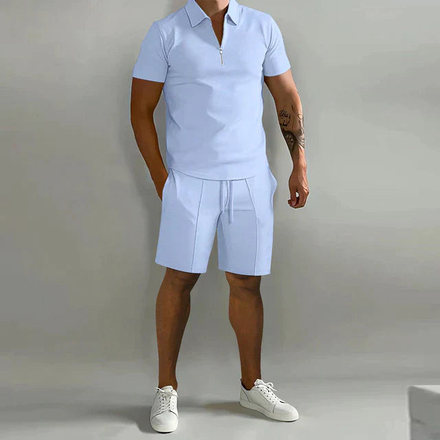 Herresæt Med Klassisk Pasform af Poloshirt og shorts – åndbart stof, Korte ærmer, Lynlåskrave