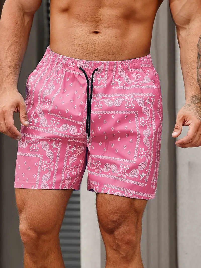 Herrebadeshorts – afslappet pasform – hurtigtørrende stof – bandanamønster – midtlængde